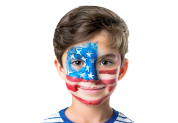 Little Caucasian American boy with American flag painted on face on white transparent background. Patriotisms, Independence day concept