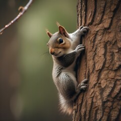 A baby squirrel clinging to a tree branch, with its tail wrapped around it1 - obrazy, fototapety, plakaty