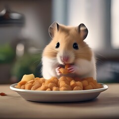 A fluffy hamster stuffing its cheeks full of food from a tiny bowl2 - obrazy, fototapety, plakaty