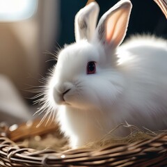 A fluffy white bunny with long ears, sitting in a basket of hay2