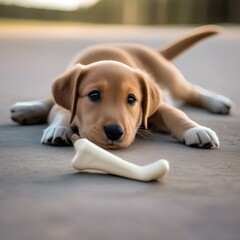 A playful puppy with a toy bone in its mouth, wagging its tail happily3 - obrazy, fototapety, plakaty
