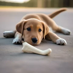 Foto op Canvas A playful puppy with a toy bone in its mouth, wagging its tail happily3 © Ai.Art.Creations