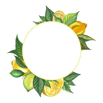 Watercolor lemon round frame with lime, leaves, lemons. Hand painted fresh yellow lemon fruits, isolated on white background. Fresh fruits illustration for design, print, fabric, postcard, menu decor