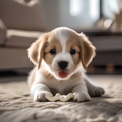 A playful puppy with a toy bone in its mouth, wagging its tail happily4 - obrazy, fototapety, plakaty