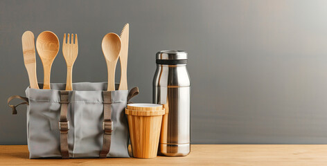 Eco friendly bamboo cutlery set with eco bag, reusable coffee mug and metallic water bottle....