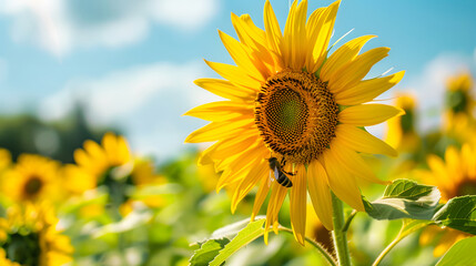 A bee landing on a blooming sunflower, sunny colorful natural field