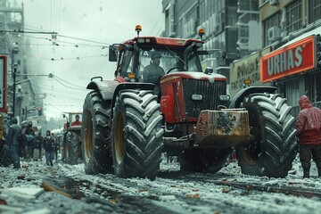 A tractor with snow tires drives on a snowy city street