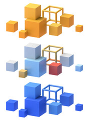 Set of geometric compositions, colorful cubes, 3d render