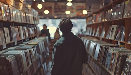 Unrecognizable man searching for records in a music store - obrazy, fototapety, plakaty