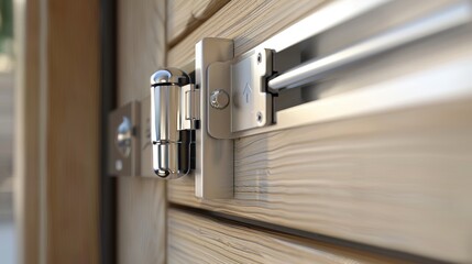 Detailed view of a protected lock mechanism on a door, featuring a unique hasp and latch design for enhanced security and stylish appeal