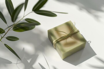 Natural, handmade soap bar tied with a ribbon, casting soft shadows among green leaves. Handmade Soap with Natural Ingredients and Shadow