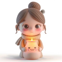3d character girl woman holding a candle in her hands. cosiness. blanket. Make a wish. Hope. birthday. Aroma candle