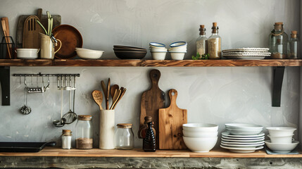 Kitchen utensils and tableware on wooden table
