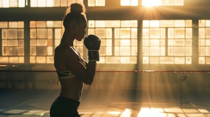 Confident female boxer with boxing gloves in sunlight-filled gym, poised and ready. Athletic woman...