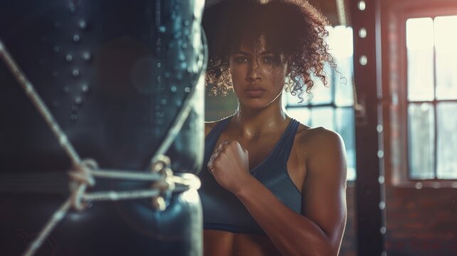 African American female boxer in boxing gym with punching bag. Athletic woman with determination. Female fighter ready to train. Concept of strength, boxing training, women in sport