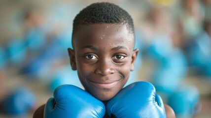 Smiling African boy with blue boxing gloves. Cheerful young boxer in gym attire ready to train....