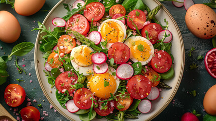 A plate of food with a fried egg on top of a salad. The salad is made up of lettuce, tomatoes, and radishes