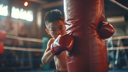 Asian boy training boxing. Child in gym with boxing gloves. Kid boxer practicing punches. Concept of childhood discipline, athletic training, youth sports, and active lifestyle