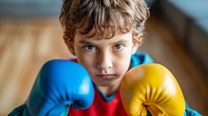 Focused Boy in colorful boxing gloves. Young boxer ready to train. Child boxer. Concept of healthy lifestyle, fitness training, childhood activity, physical education,