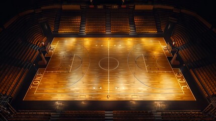 Top-down shot of a vacant professional basketball court with evening lighting. Aerial view of an illuminated sports arena. Concept of basketball games, urban sports landscape, and illuminated courts.