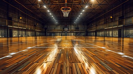 Illuminated indoor basketball court, devoid of players. Polished wooden floor of a sports arena....
