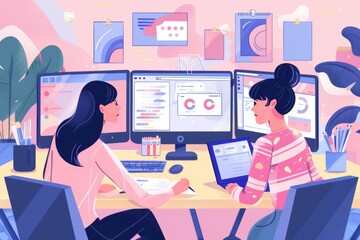 women working together in an office, with graphic design and web development tools on the table, in a colorful flat style with a pink and blue color palette Generative AI