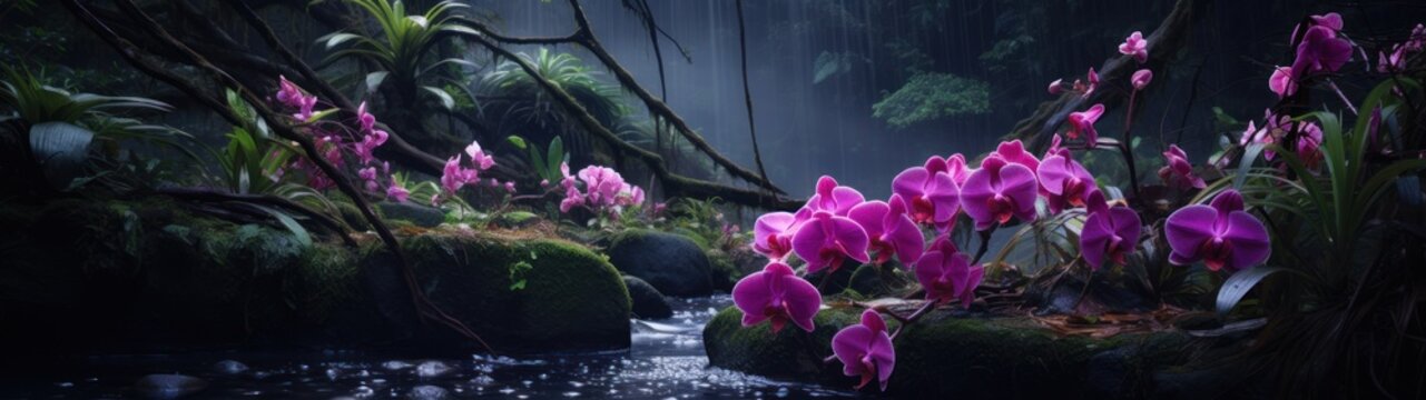 a stream of water with pink flowers