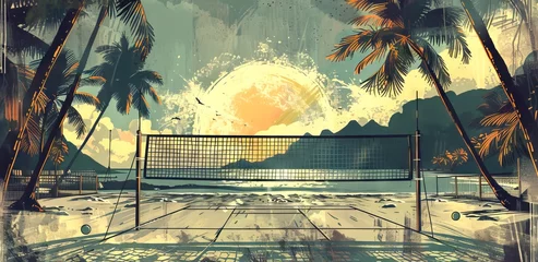 Fotobehang Illustration in a vintage poster style of an empty beach volleyball court, with stylized sun and sea elements, reminiscent of early 20th-century travel posters. Concept of leisure, beach sports © Jafree