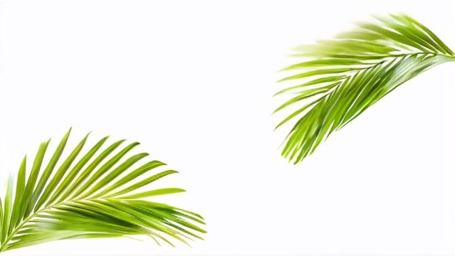 Two vibrant green palm leaves crossing over clear white background, full of life and tropical freshness