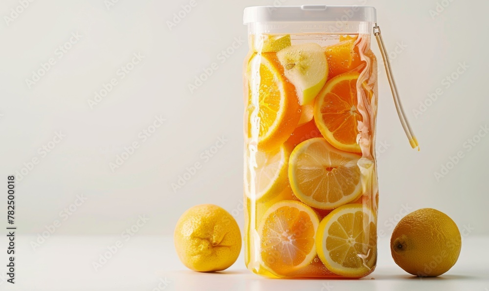 Poster a clear container filled with sliced lemons and oranges. ai.