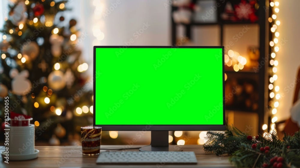 Poster a computer monitor with a green screen on it sitting in front of christmas trees. ai.