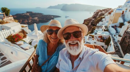 A man and woman are taking a selfie on the side of a cliff. AI.