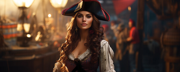 Beautiful pirate woman with burning ship in the background, panoramic view, generated ai
