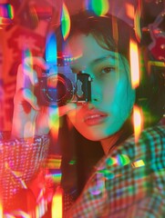 A woman holding a camera in front of her face. AI.
