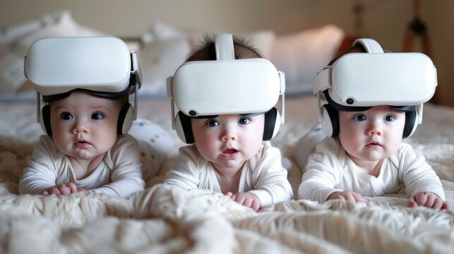 Three babies wearing virtual reality headsets laying on a bed. AI.