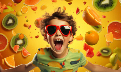 Happy kid on colorful fruits background, concept of fruit world, generated ai