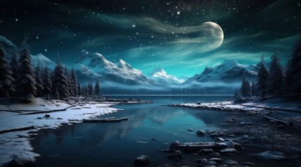 a snowy landscape with mountains and a moon