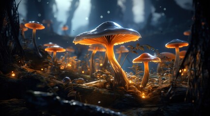 a group of mushrooms in a forest - obrazy, fototapety, plakaty