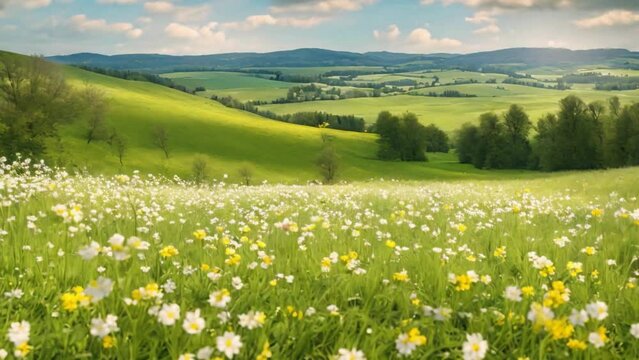 Spring Landscape: A Panoramic View of Flowering Meadow