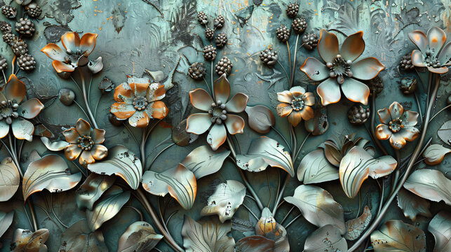 Metal elements texture background flowers