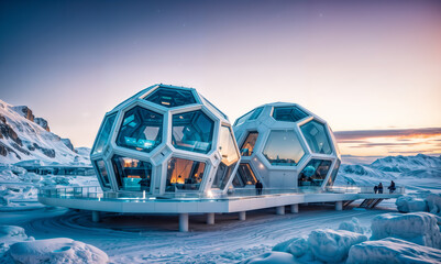 futuristic building on a snowy surface. The exterior is composed of two spherical structures connected by a platform. The building has large windows and is covered in snow. - 782502083