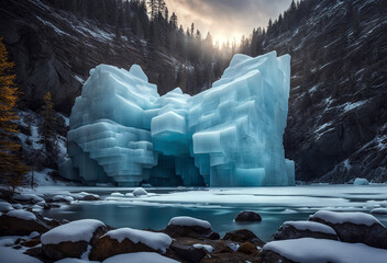 A frozen waterfall of ice forms a unique structure in the middle of a river. The sun is shining through it, creating a blue light. The river is surrounded by snow-covered rocks and trees.