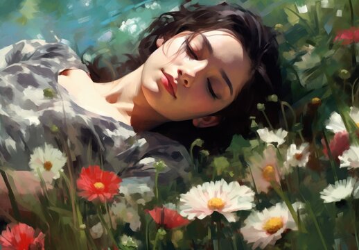 a woman lying in a field of flowers