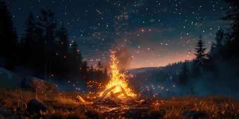 Foto op Plexiglas anti-reflex Wallpaper with a Campfire, Enchanting Evening Campfire with Glowing Sparks in a Blue Forest © Orod