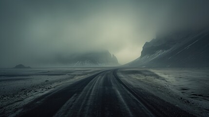 Landscape Photography of a Misty Road, Road Stretching into Foggy Mountains - obrazy, fototapety, plakaty