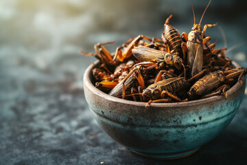 Baked crickets in a blue bowl - trendy source of food protein - 782503243