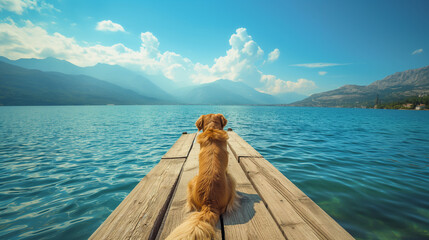 Rear view of a golden retriever dog sitting and waiting on a swimming pier at a lake with beautiful mountain view - 782503265