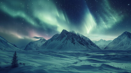 Aurora borealis or northern lights in snowy mountains in Alaska - 782503285