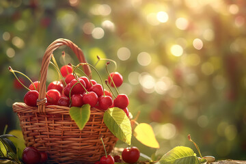 A basket full of fresh red ripe cherries, with copy space - 782503291