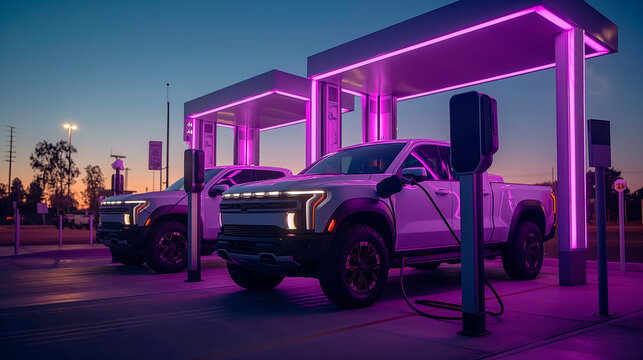 Neon-lit electric vehicle charging station at dusk. Energy-efficient pickups powering up. Sustainable transportation and modern infrastructure